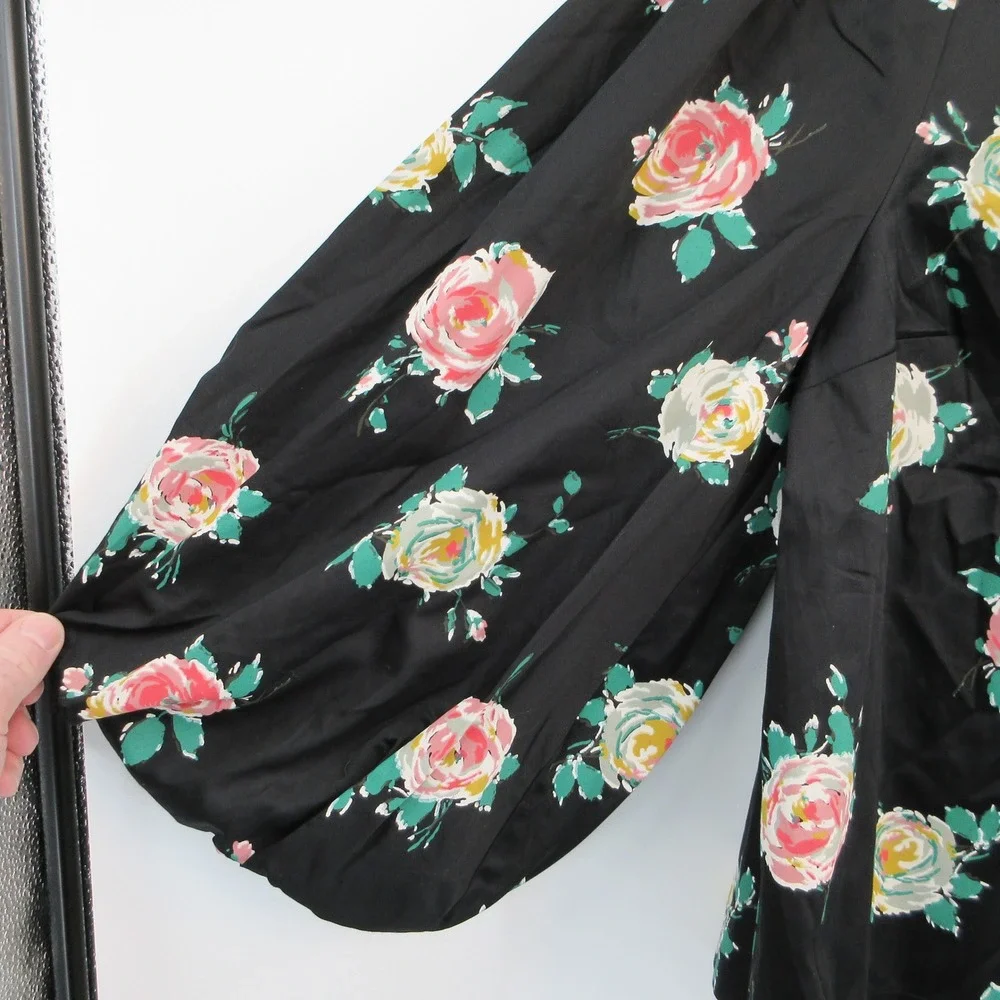 NWT Boden Womens Black Floral Rose Puff Sleeve Cotton Poplin Top US 8